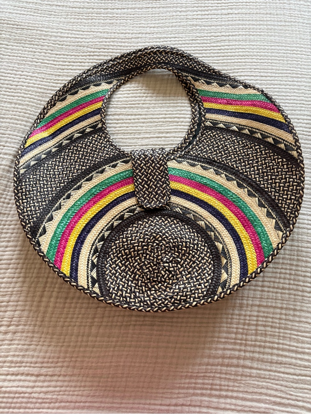 Woven Round Handle Tote Bag with Pink, Green & Yellow Accents